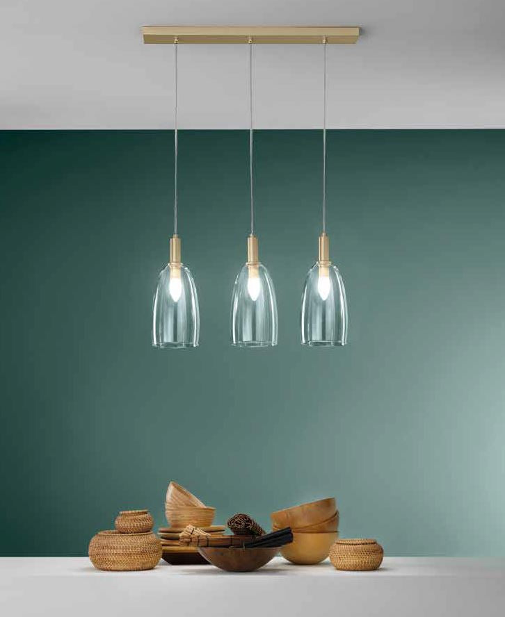 Sospensione 3 luci lineare in metallo oro satinato diffusore vetro soffiato 3XE14 non incl. BRANDY Sospensione 3 luci lineare in metallo oro satinato diffusore vetro soffiato 3XE14 non incl. BRANDY